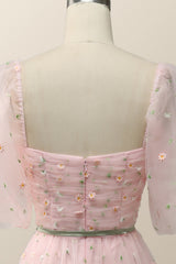 Pink Floral Embroidered Dress with Half Puffy Sleeves