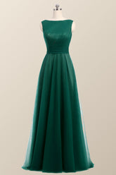 Bateau Green Tulle Long Bridesmaid Dress