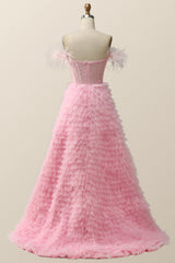 Off the Shoulder Pink Tiered Layers Long Formal Gown
