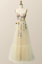 Champagne Tulle and Floral Embroidery Formal Gown