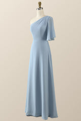 One Shoulder Blush Pink Chiffon Long Bridesmaid Dress