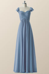 Flare Sleeves Misty Blue Pleated Long Bridesmaid Dress