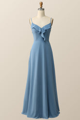 Blue Straps Ruffle Chiffon Long Bridesmaid Dress