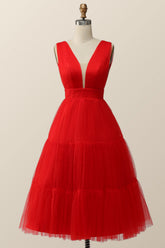Empire Red Tulle A-line Midi Dress