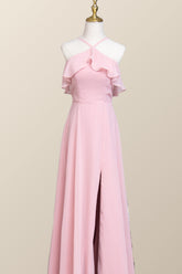Pink Chiffon Ruffle Halter A-line Long Bridesmaid Dress