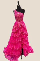 One Shoulder Navy Blue Appliques Ruffles Long Formal Dress