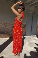 Red Floral Halter Dress