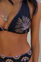 Black Palm Embroidered Triangle Bikini
