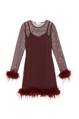 Wine Mesh Feather Mini Dress