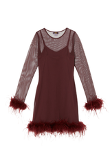 Wine Mesh Feather Mini Dress