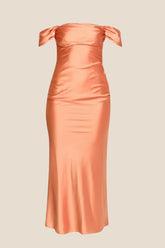 Off the Shoulder Orange Soft Satin Fitted Dress