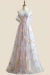 Off the Shoulder Pink Floral Tulle Princess Dress