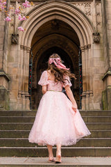 Pink Floral Embroidered Dress with Half Puffy Sleeves