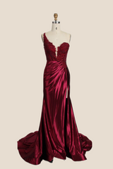 One Shoulder Red Appliques Ruched Mermaid Formal Dress