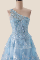 One Shoulder Navy Blue Appliques Ruffle Formal Dress