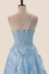 One Shoulder Navy Blue Appliques Ruffle Formal Dress