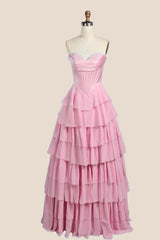 Pink Corset Chiffon Tiered Formal Gown