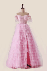 Off the Shoulder Pink Corset Tiered Ruffle Formal Gown