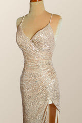Champagne Sequin Ruched Fitted Long Prom Dress
