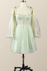 Pink Coset Short Dress with Puffy Sleeves