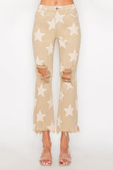 Hazel Blues® |  RISEN High Rise Star Printed Frayed Hem Jeans