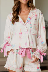 Hazel Blues® |  Bow Printed Collared Neck Top and Drawstring Shorts Lounge Set