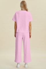 Hazel Blues® |  Double Take Texture Round Neck Short Sleeve Top and Pants Set