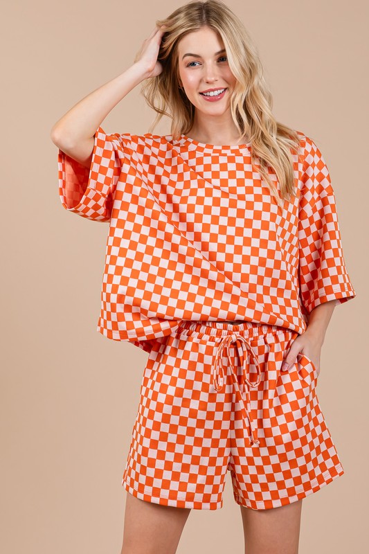 Hazel Blues® |  Ces Femme Checkered Round Neck Top and Shorts Set