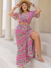 Hazel Blues® | Printed V-Neck Half Sleeve Top and Skirt Set