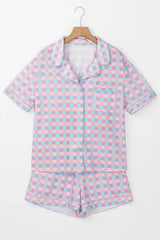 Hazel Blues® |  Plaid Collared Neck Short Sleeve Top and Shorts Lounge Set