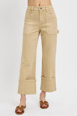 Hazel Blues® | RISEN High Rise Wide Straight Cuffed Patch Jeans