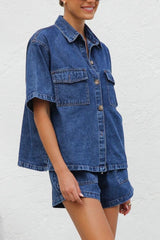 Hazel Blues® |  Collared Neck Button Up Top and Shorts Denim Set