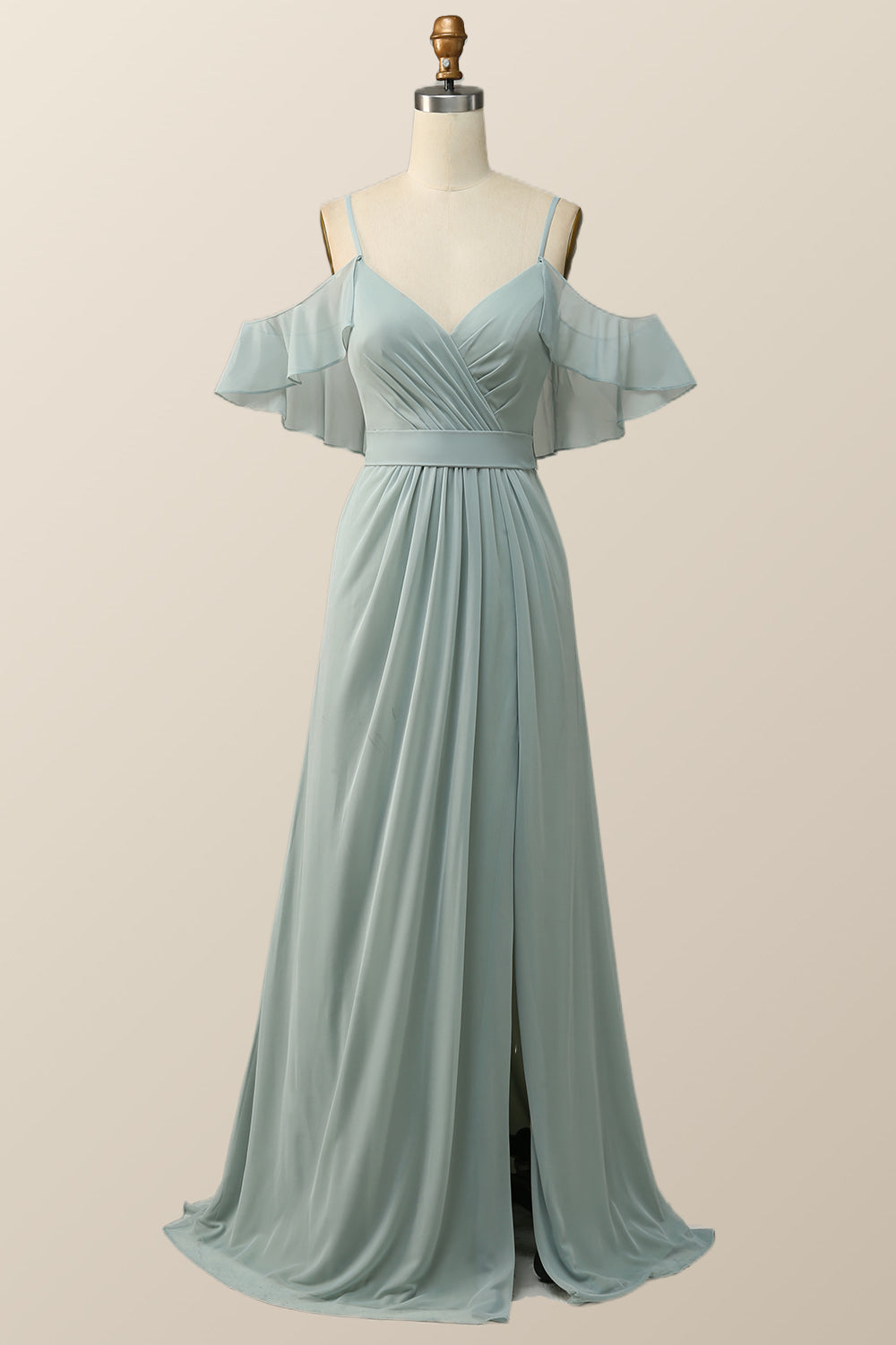 Cold Sleeves Green Chiffon Pleated Long Bridesmaid Dress