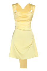 Cowl Neck Yellow Back Bow Short Dress