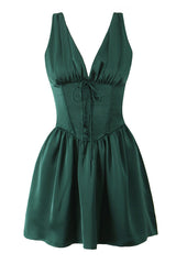 Dark Green V Neck Empire Short Dress