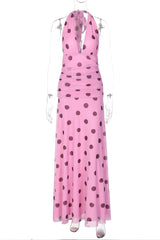 Pink Polka Dot Halter Long Dress