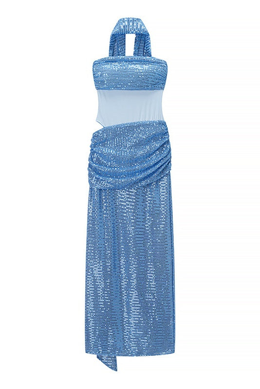 Blue Sequin Strapless Ruched Long Dress with Scarf