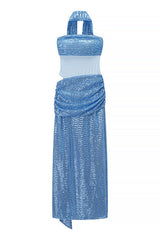 Blue Sequin Strapless Ruched Long Dress with Scarf