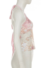 Pink Floral Beaded Sheer Crop Top