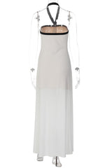 Black Halter White Chiffon Long Dress