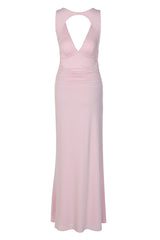 Backless Pink V neck Fitted Long Dress