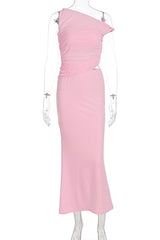 One Shoulder Pink Cutout Fitted Long Dress