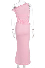 One Shoulder Pink Cutout Fitted Long Dress