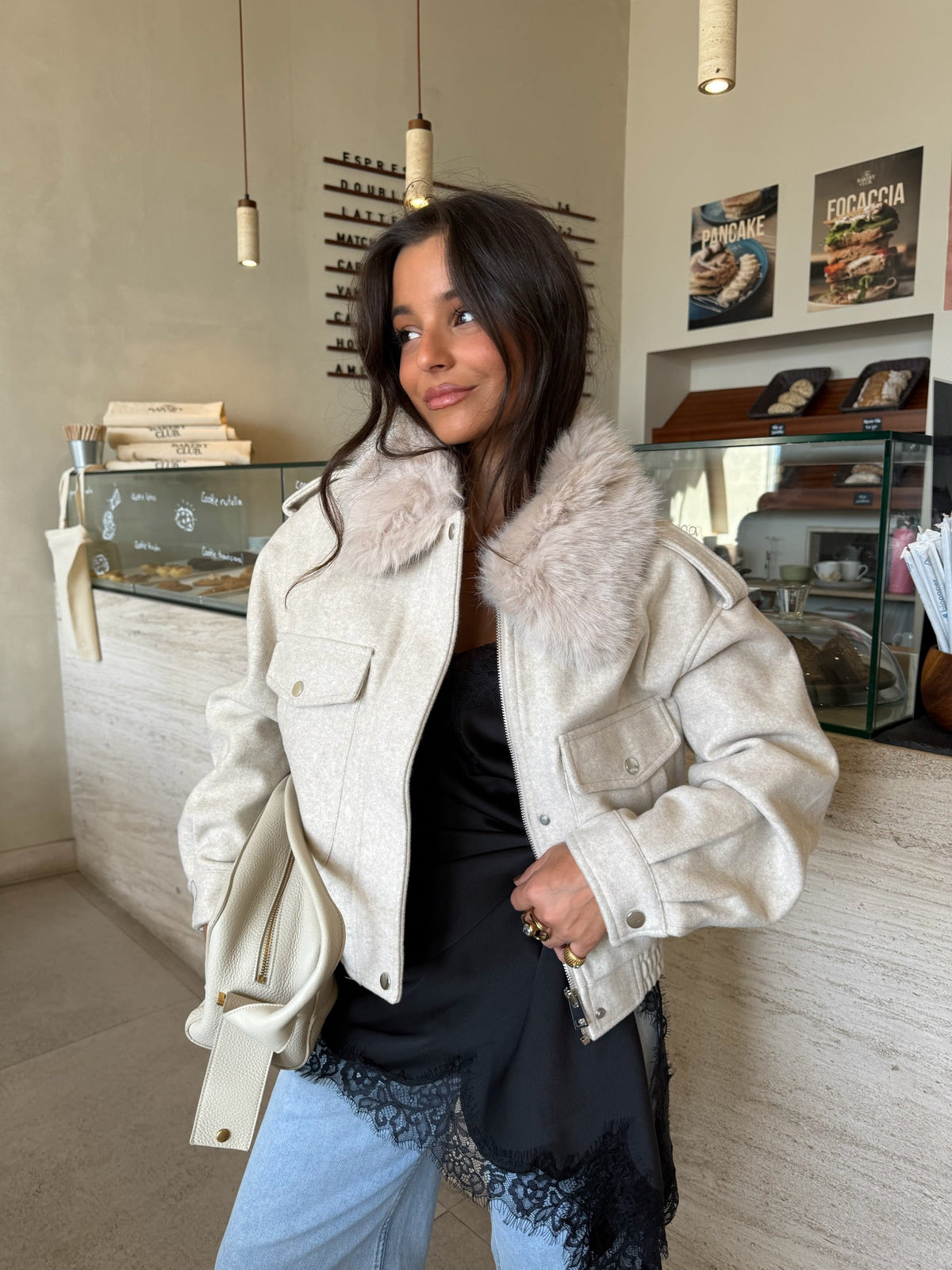 Beige Cropped Fur Collar