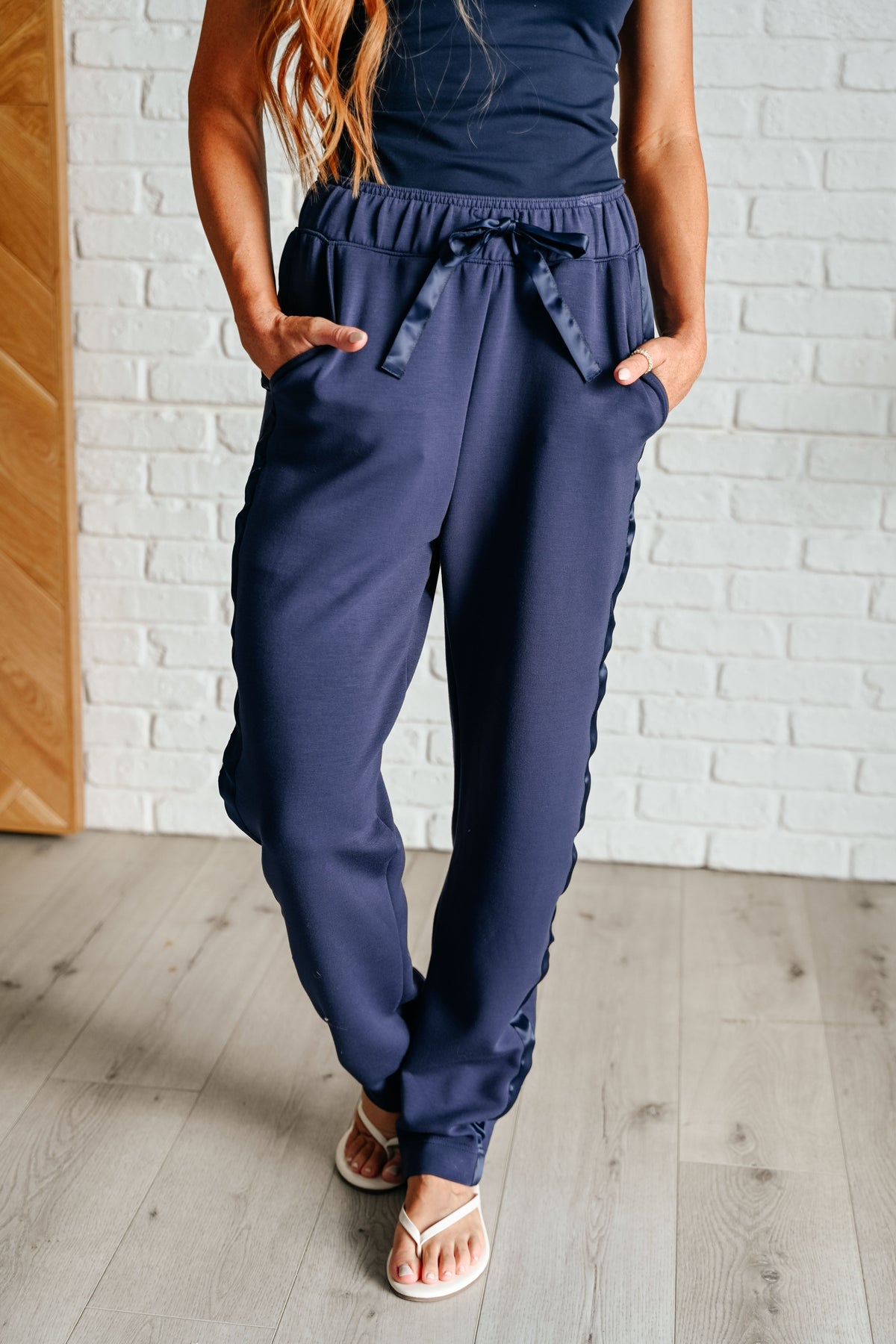 Hazel Blues® |  Lysa Satin Stripe Lounge Pants in Smoky Navy