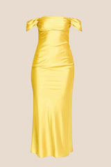 Off the Shoulder Orange Soft Satin Fitted Dress