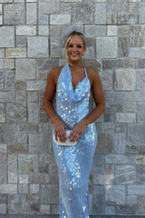 Blue Sequin Cowl Neck Fitted Long Dress