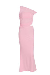 One Shoulder Pink Cutout Fitted Long Dress