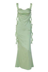 Green Ruffle Straps Fitted Long Maxi Dress