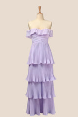 Off the Shoulder Pink Pleated Maxi Dress